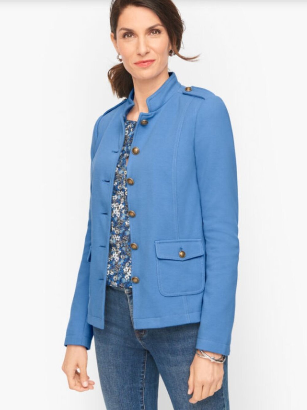 NWT Talbots Women's Knit Band Blue‎ Gold Buttons Blazer Jacket Size 10